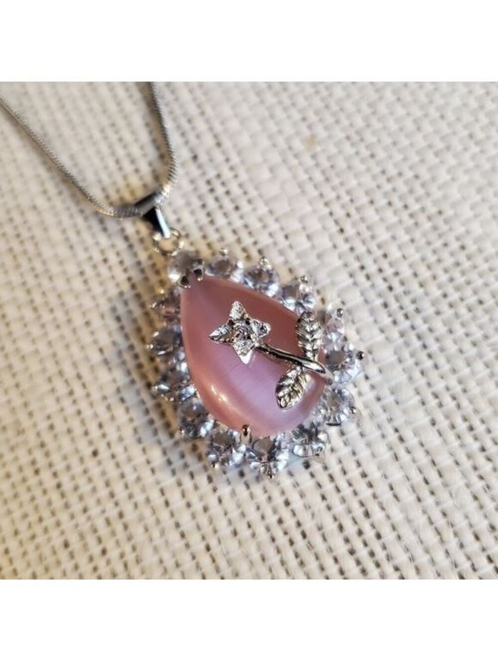 Glass CZ Teardrop Pendant Necklace Pink